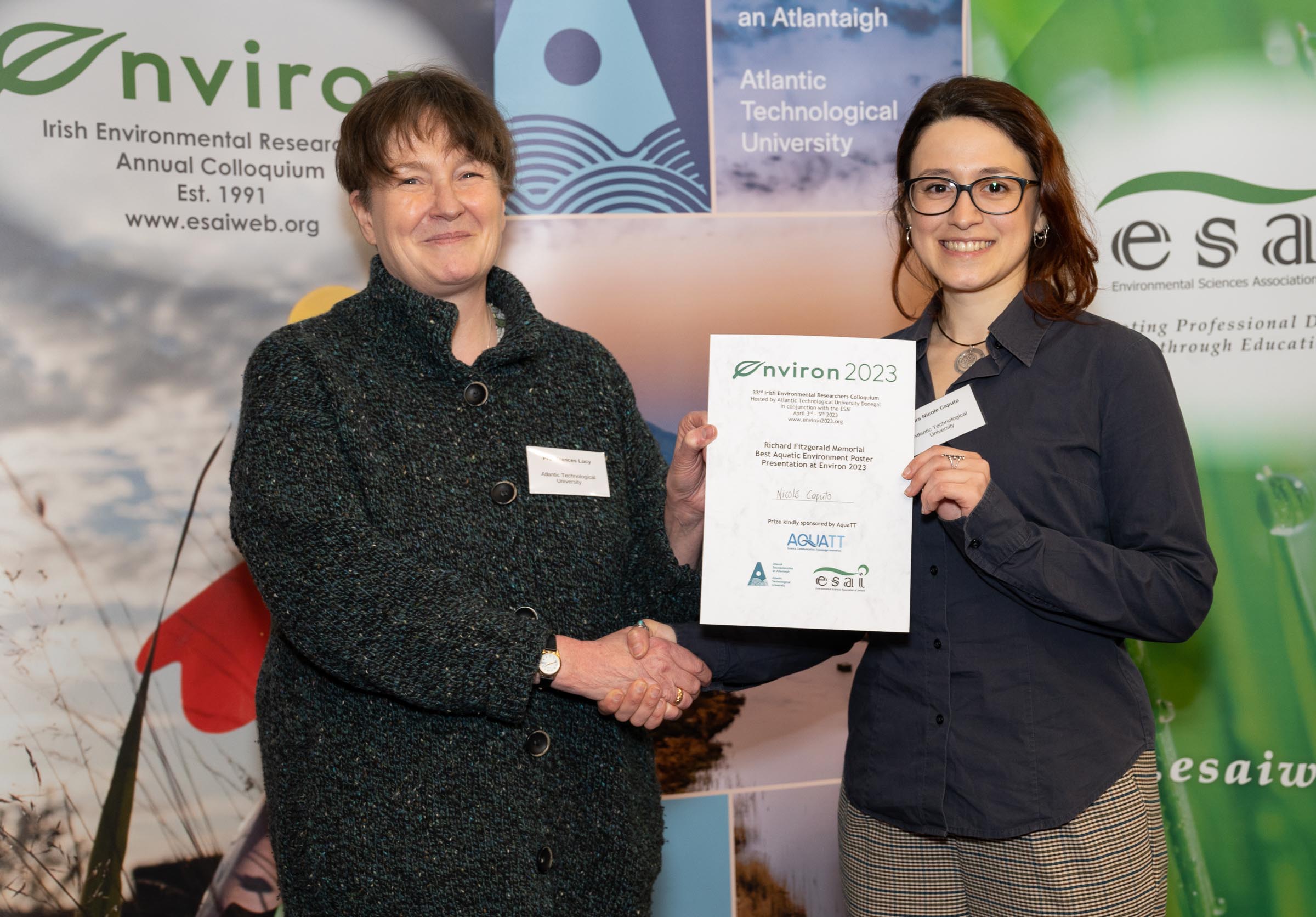 Environ 2023 Nicole Caputo ATU Galway receives Best Aquatic Environment Poster in memory of Richard Fitzgerald from Richards wife Prof Frances Lucy